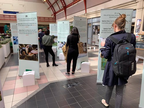 Three people stand reading separate pop up banners in an indoor market. The banners are spaced out in front of each other. Each banner displays information about the choices to make during a game.